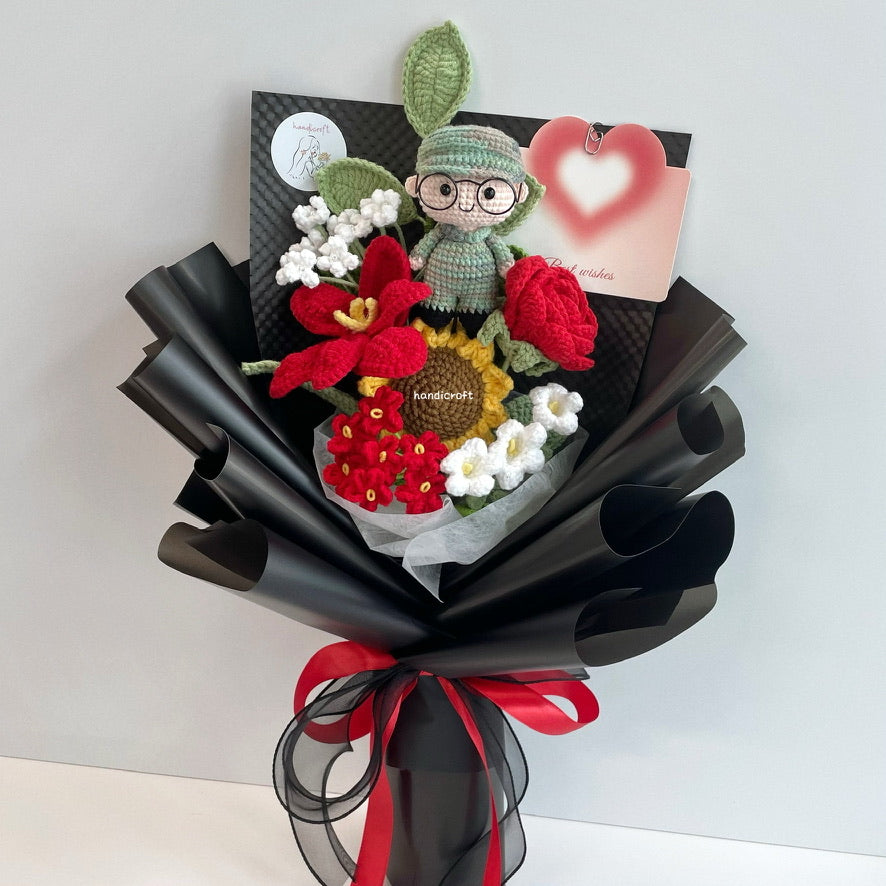 handicroft handmade crochet army soldier series flower bouquet POP blooming in duty black edition red