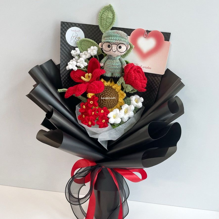 handicroft handmade crochet army soldier series flower bouquet POP blooming in duty black edition red