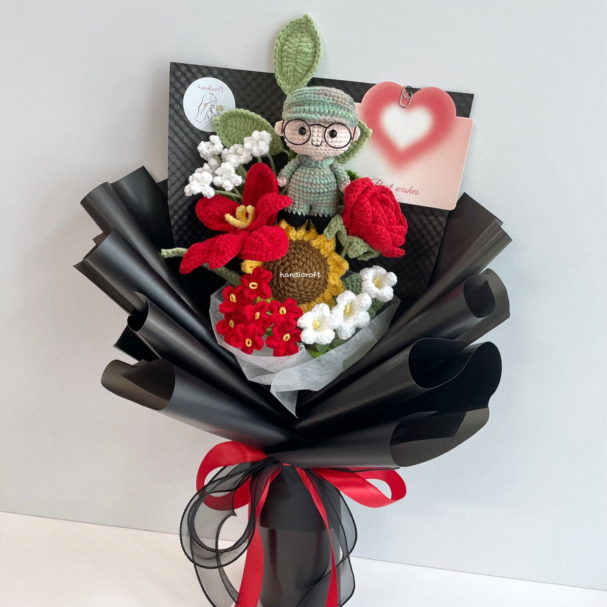 handicroft handmade crochet army soldier series flower bouquet POP blooming in duty black edition red