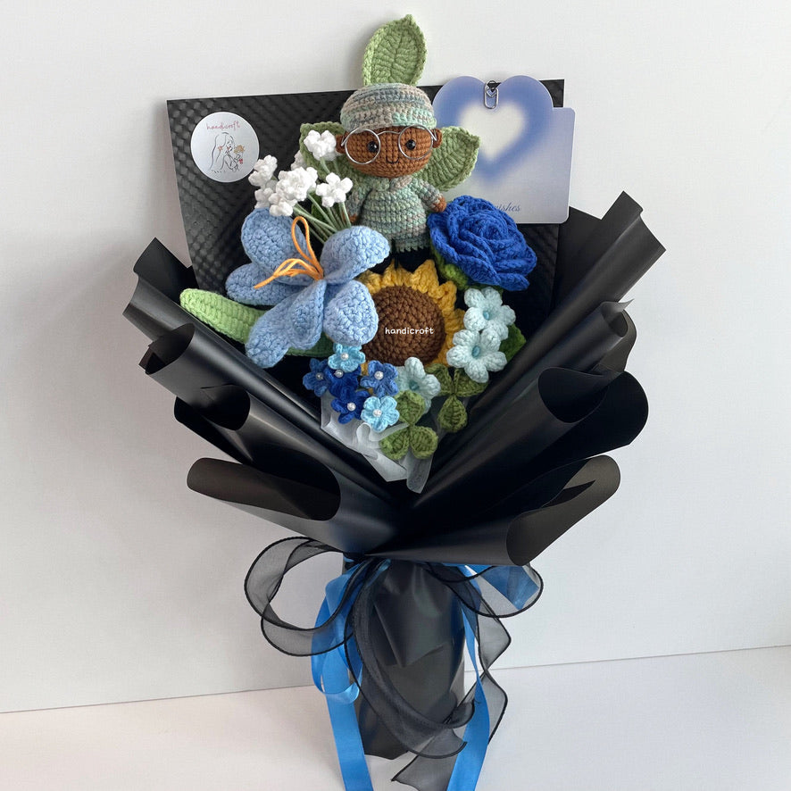 handicroft handmade crochet army soldier series flower bouquet POP blooming in duty black edition skin shade #3 blue