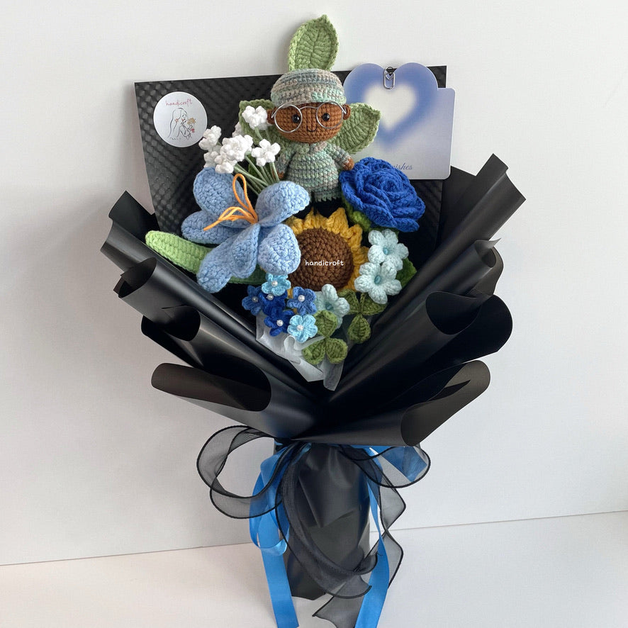 handicroft handmade crochet army soldier series flower bouquet POP blooming in duty black edition skin shade #3 blue