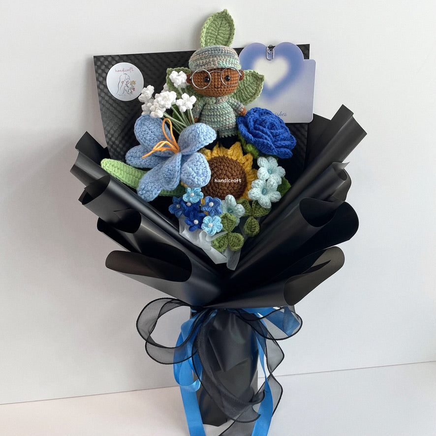 handicroft handmade crochet army soldier series flower bouquet POP blooming in duty black edition skin shade #3 blue