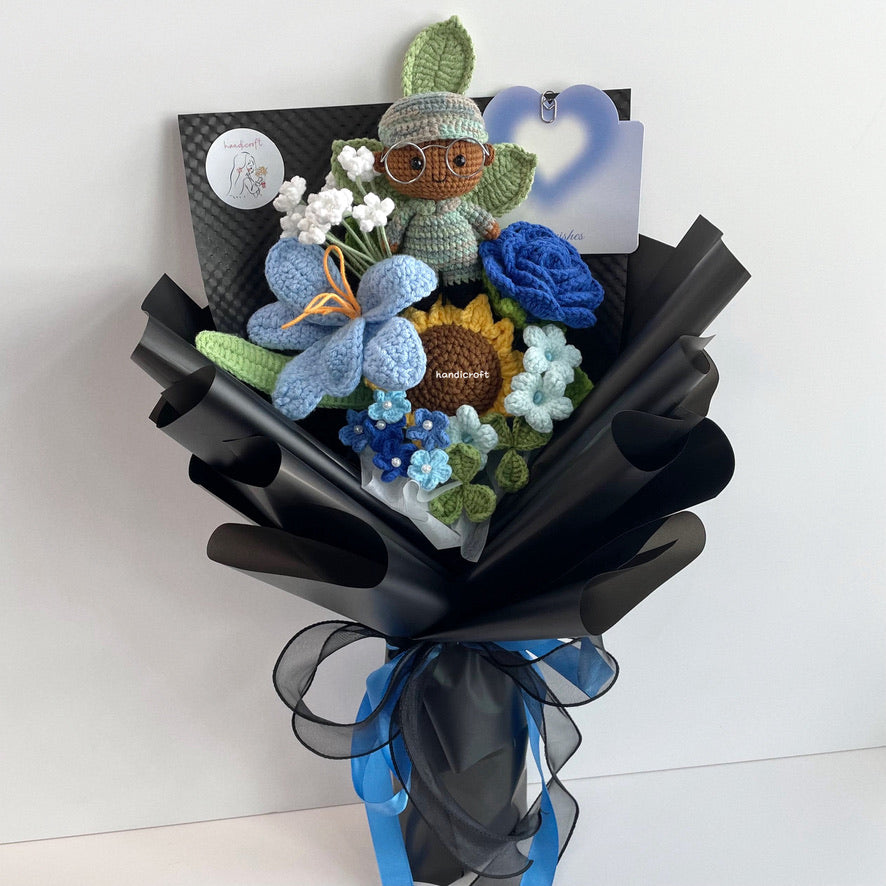 handicroft handmade crochet army soldier series flower bouquet POP blooming in duty black edition skin shade #3 blue