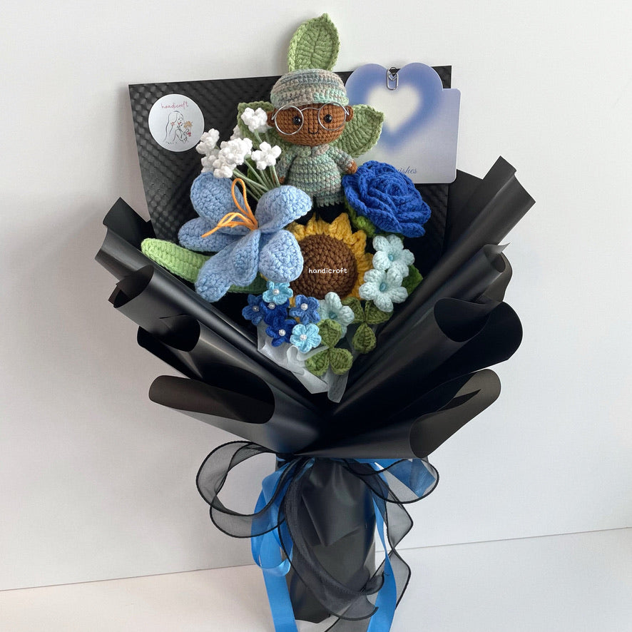 handicroft handmade crochet army soldier series flower bouquet POP blooming in duty black edition skin shade #3 blue
