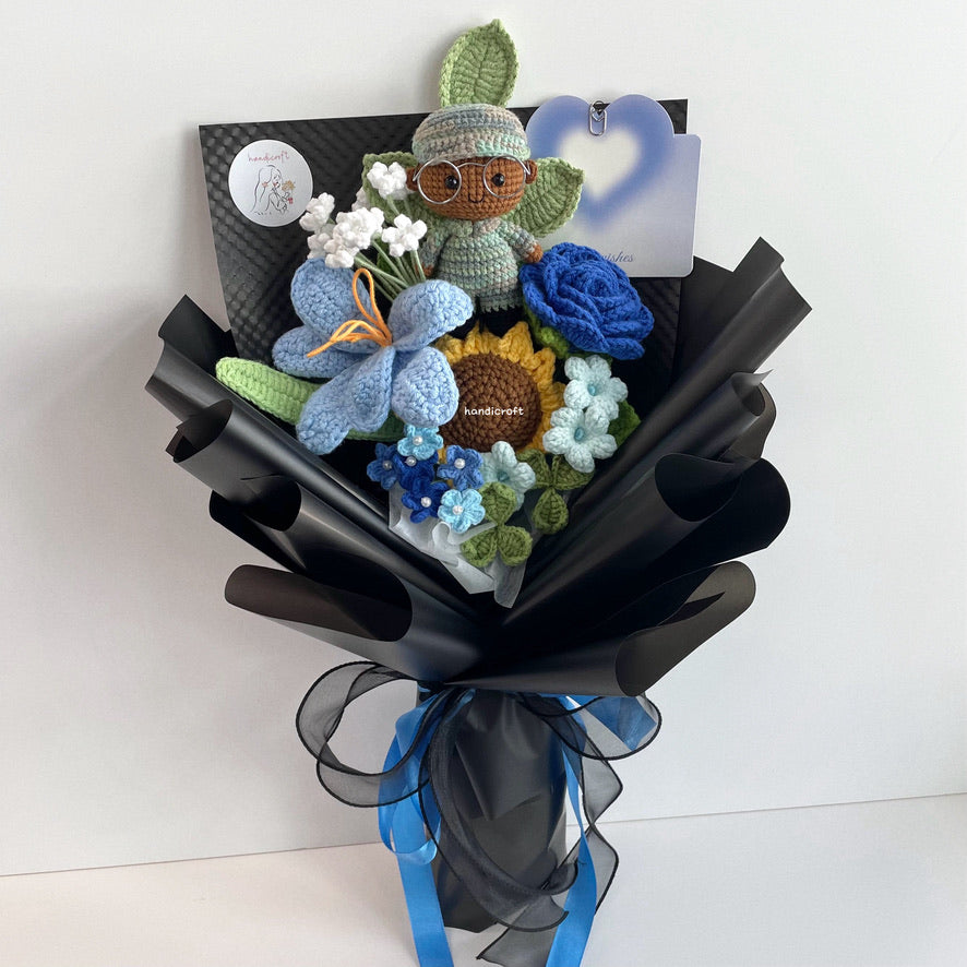 handicroft handmade crochet army soldier series flower bouquet POP blooming in duty black edition skin shade #3 blue
