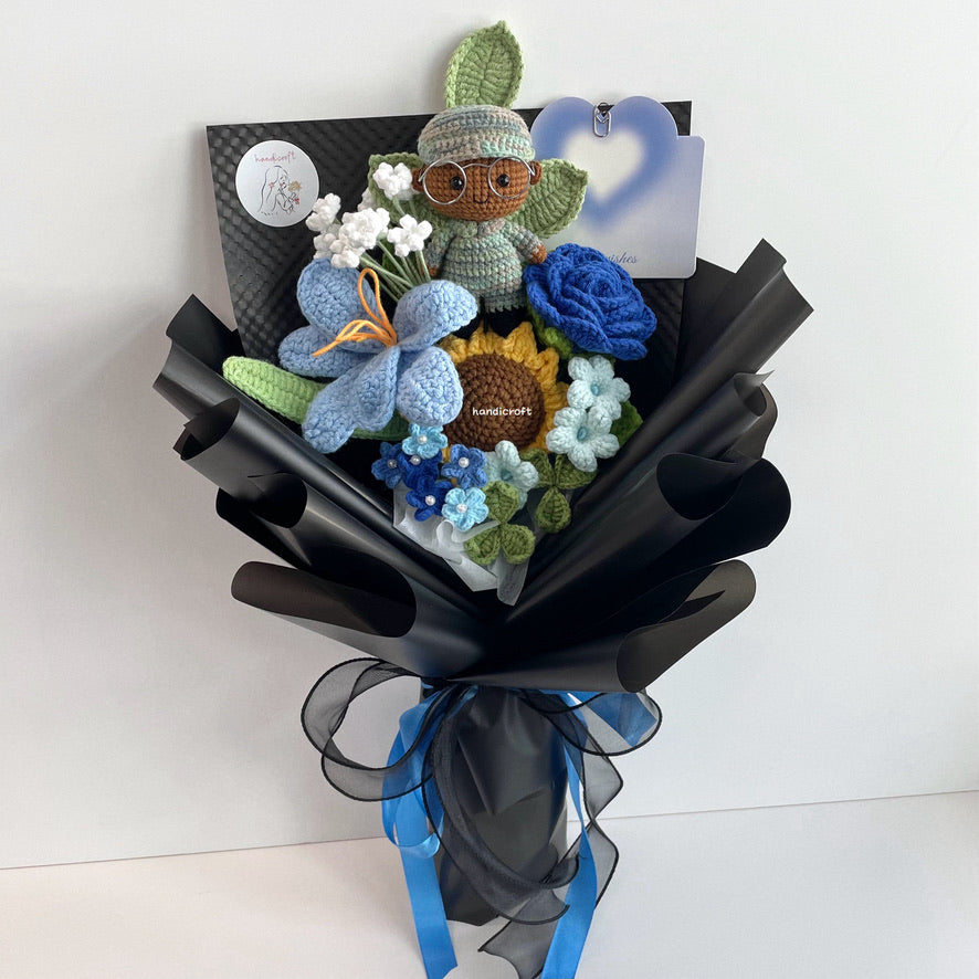 handicroft handmade crochet army soldier series flower bouquet POP blooming in duty black edition skin shade #3 blue