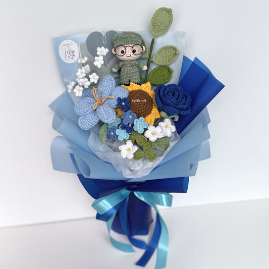 handicroft handmade crochet army soldier series flower bouquet POP blooming in duty blue
