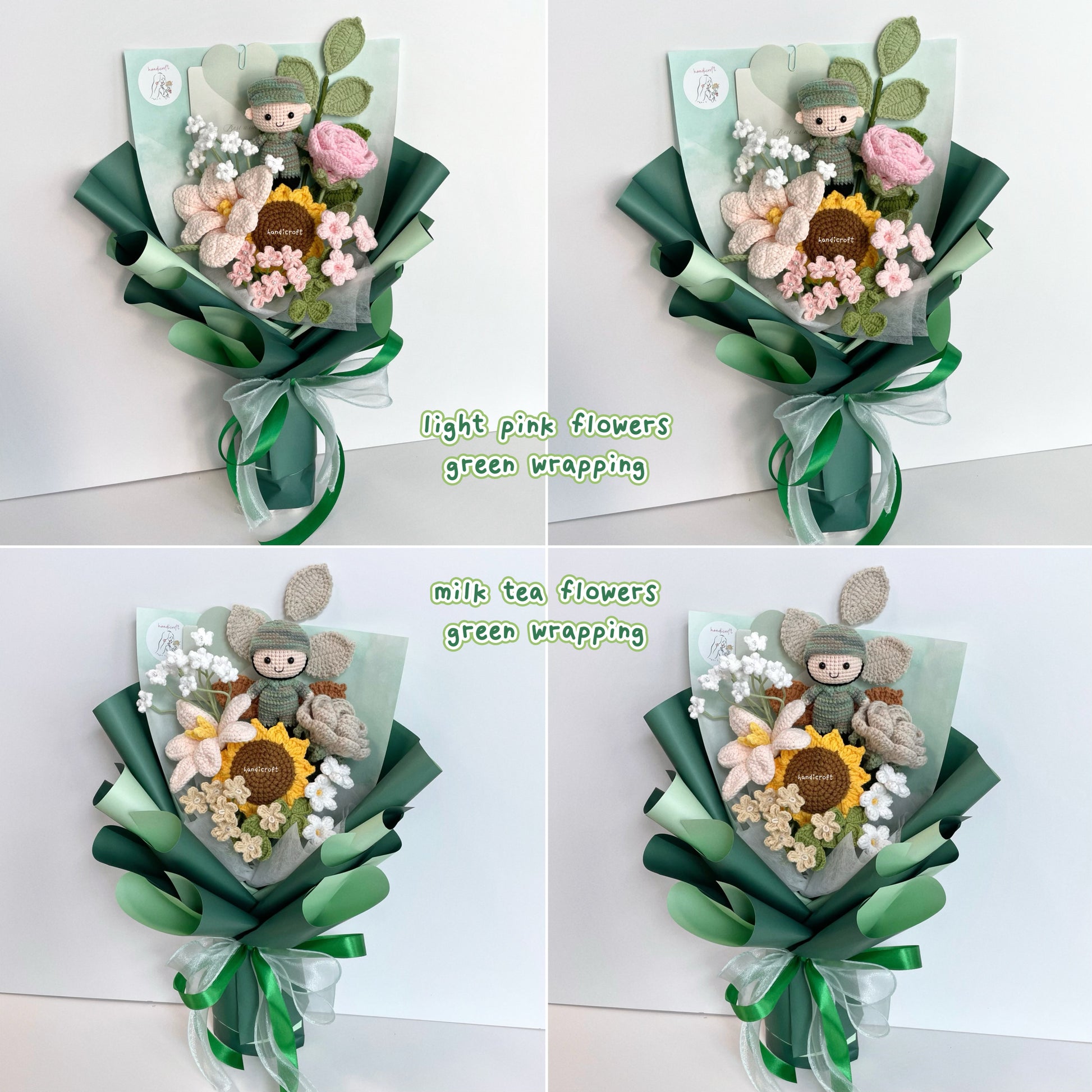 handicroft handmade crochet army soldier series flower bouquet POP blooming in duty light pink & milk tea flowers green wrapping