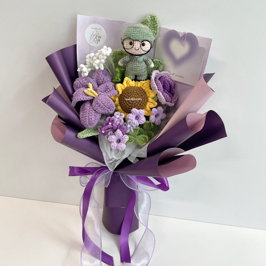 handicroft handmade crochet army soldier series flower bouquet POP blooming in duty purple