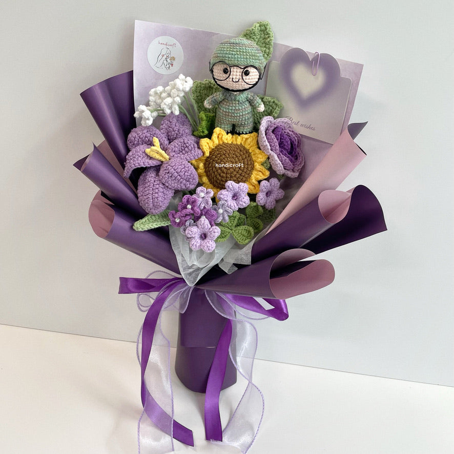 handicroft handmade crochet army soldier series flower bouquet POP blooming in duty purple