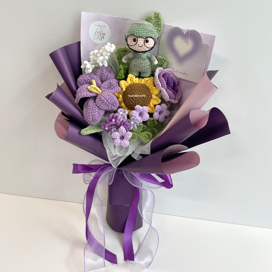 handicroft handmade crochet army soldier series flower bouquet POP blooming in duty purple