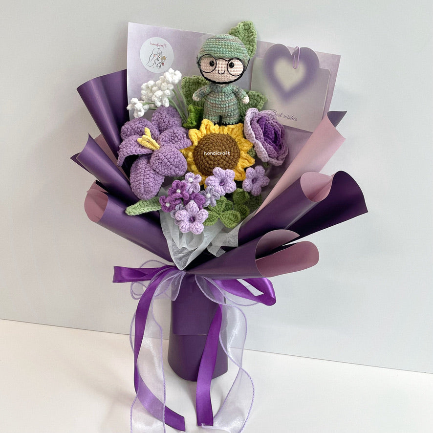 handicroft handmade crochet army soldier series flower bouquet POP blooming in duty purple