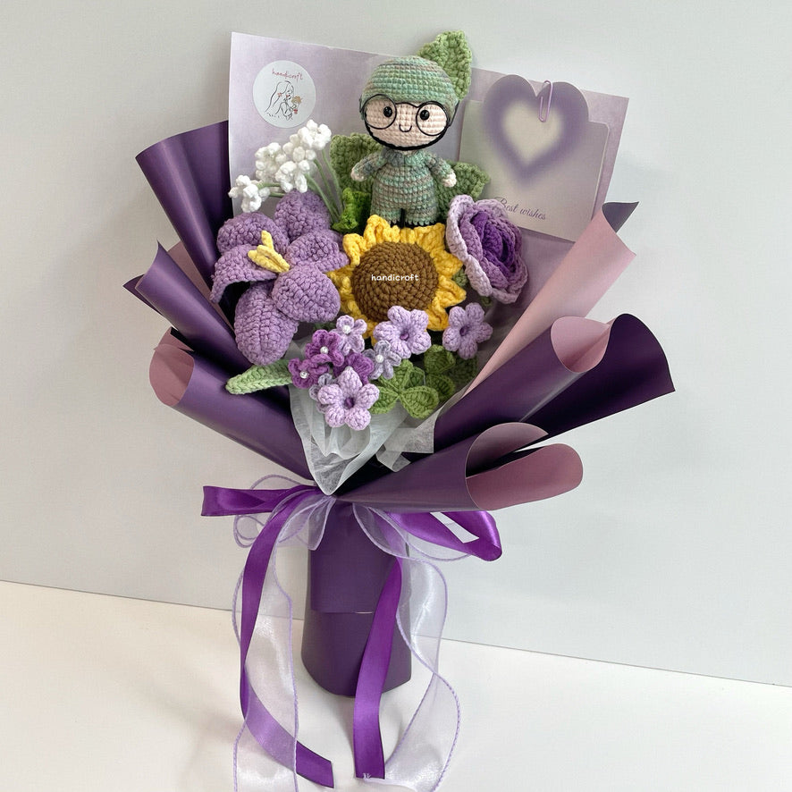 handicroft handmade crochet army soldier series flower bouquet POP blooming in duty purple