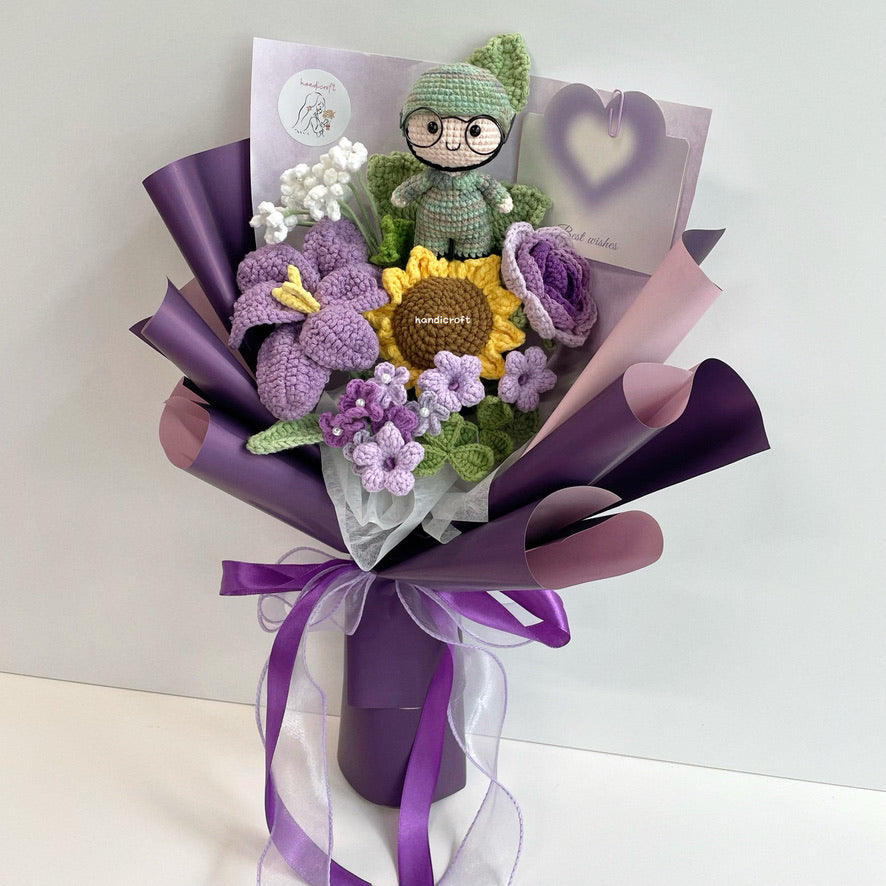 handicroft handmade crochet army soldier series flower bouquet POP blooming in duty purple