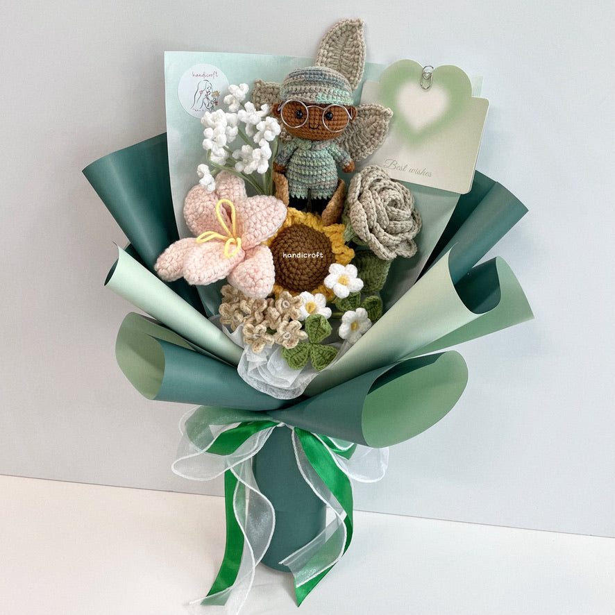 handicroft handmade crochet army soldier series flower bouquet POP blooming in duty skin shade #3 milk tea flowers green wrapping