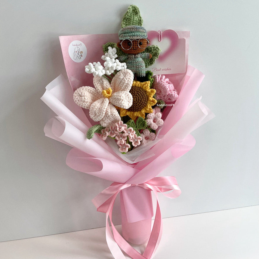 handicroft handmade crochet army soldier series flower bouquet POP blooming in duty skin shade #3 pink