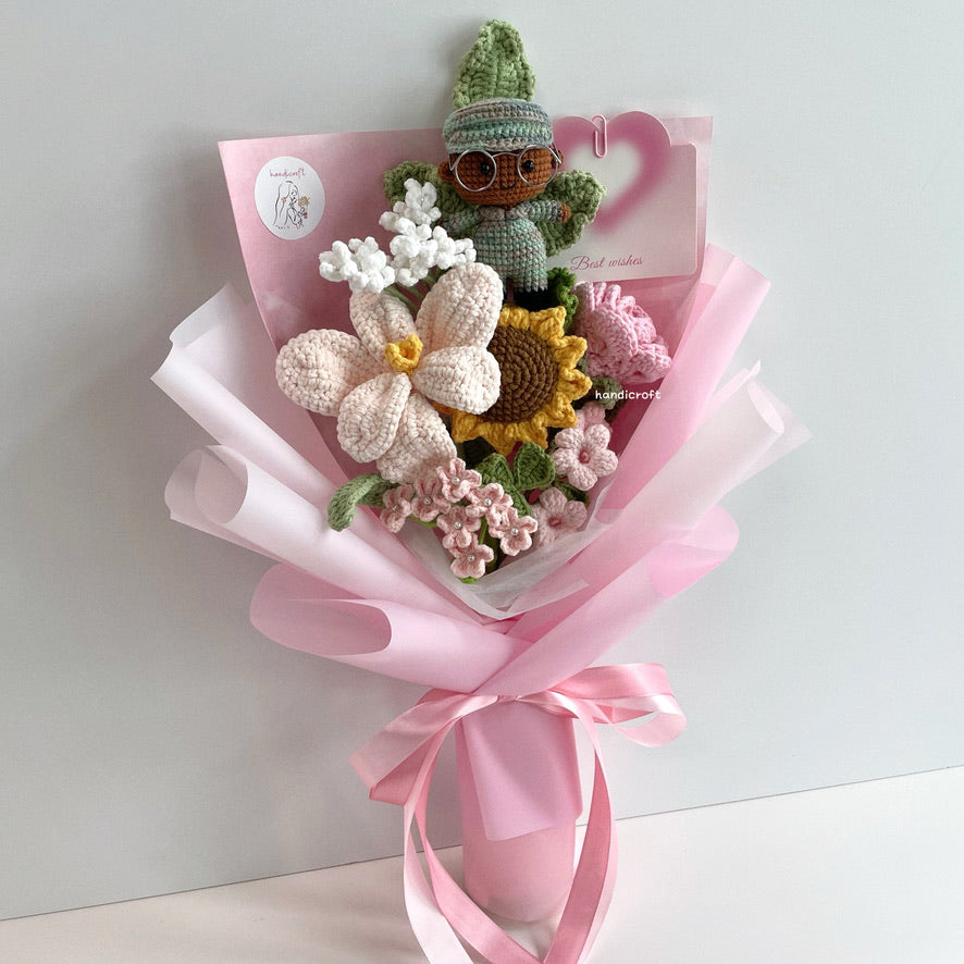 handicroft handmade crochet army soldier series flower bouquet POP blooming in duty skin shade #3 pink