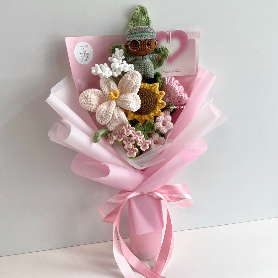 handicroft handmade crochet army soldier series flower bouquet POP blooming in duty skin shade #3 pink