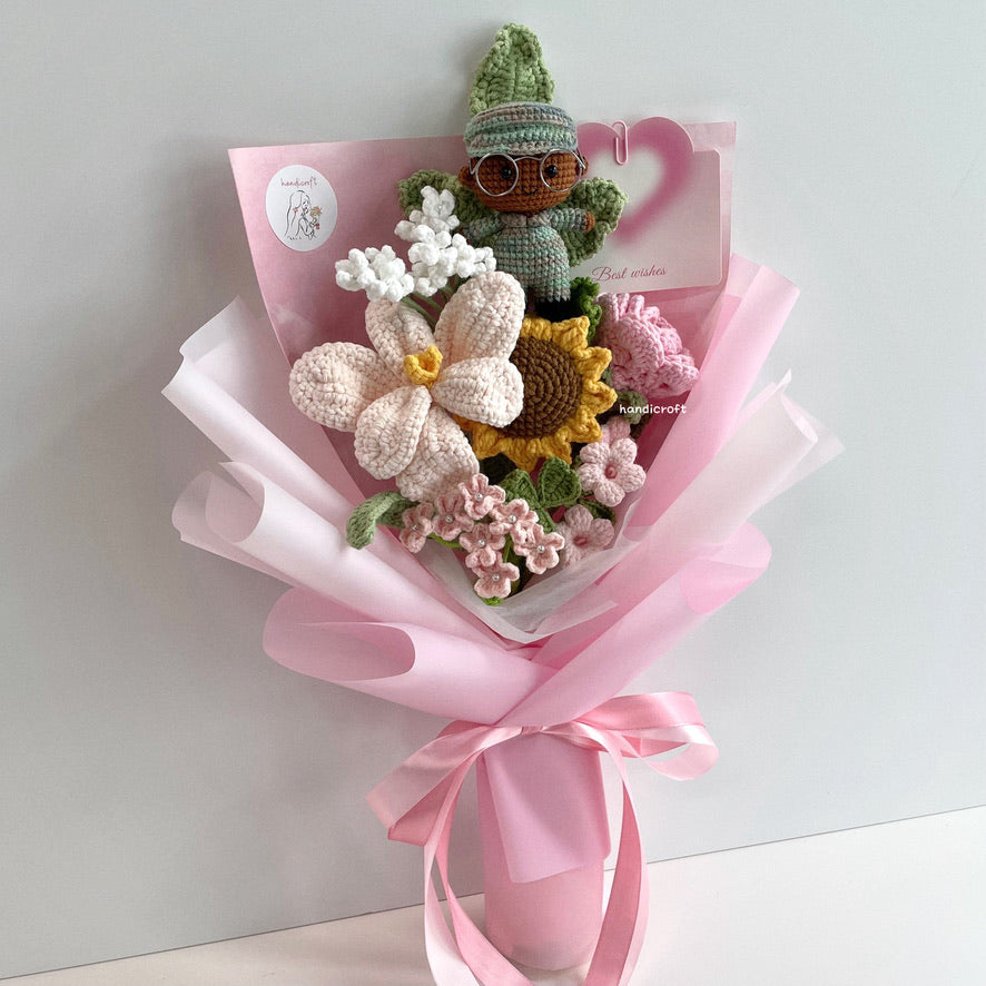 handicroft handmade crochet army soldier series flower bouquet POP blooming in duty skin shade #3 pink