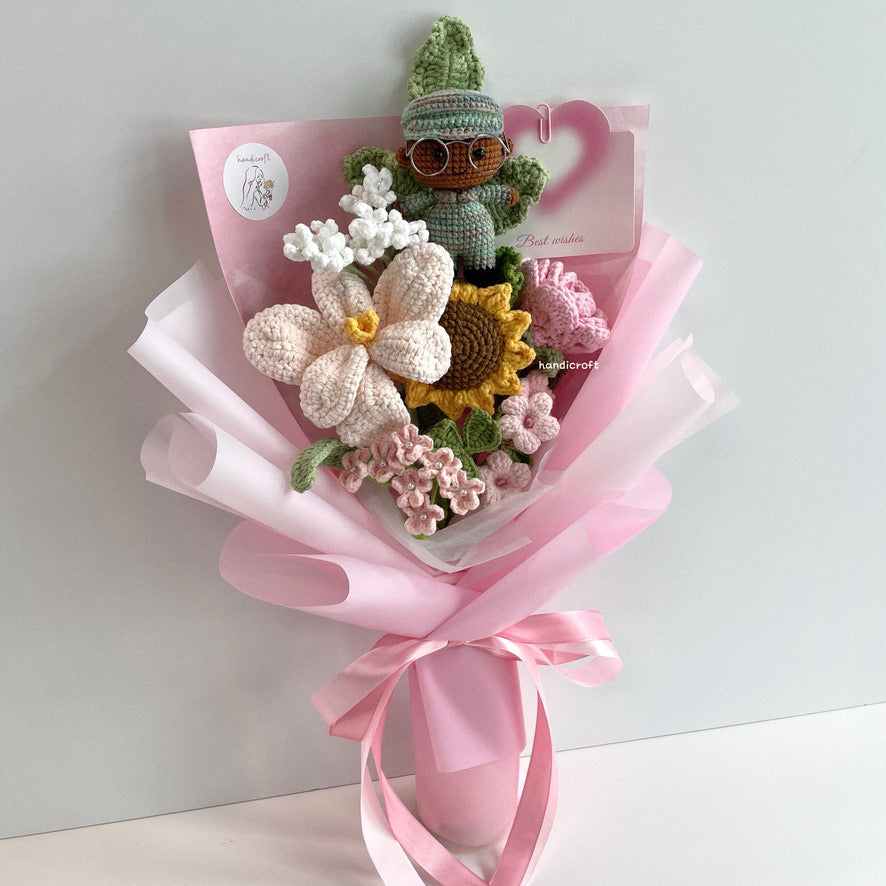 handicroft handmade crochet army soldier series flower bouquet POP blooming in duty skin shade #3 pink