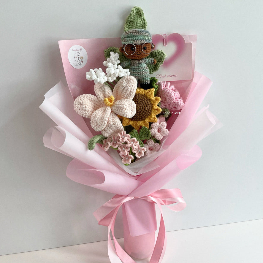 handicroft handmade crochet army soldier series flower bouquet POP blooming in duty skin shade #3 pink