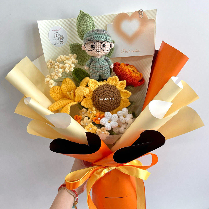 handicroft handmade crochet army soldier series flower bouquet POP blooming in duty yellow orange