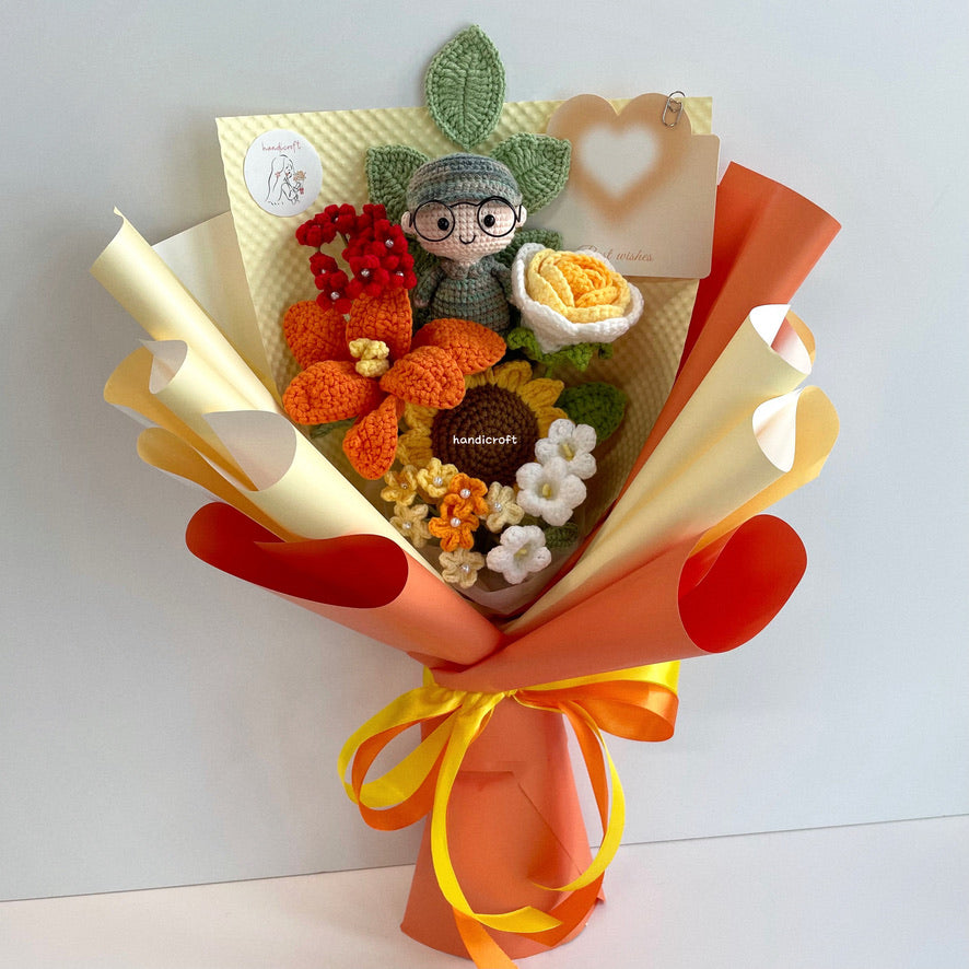 handicroft handmade crochet army soldier series flower bouquet POP blooming in duty yellow orange red