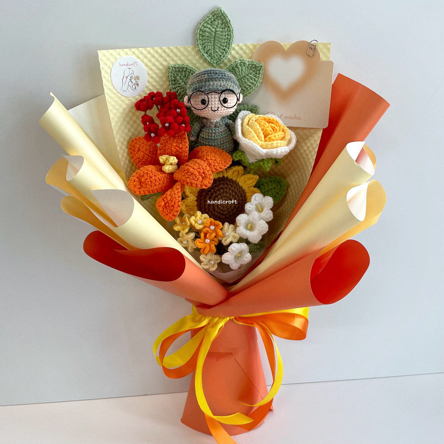 handicroft handmade crochet army soldier series flower bouquet POP blooming in duty yellow orange red