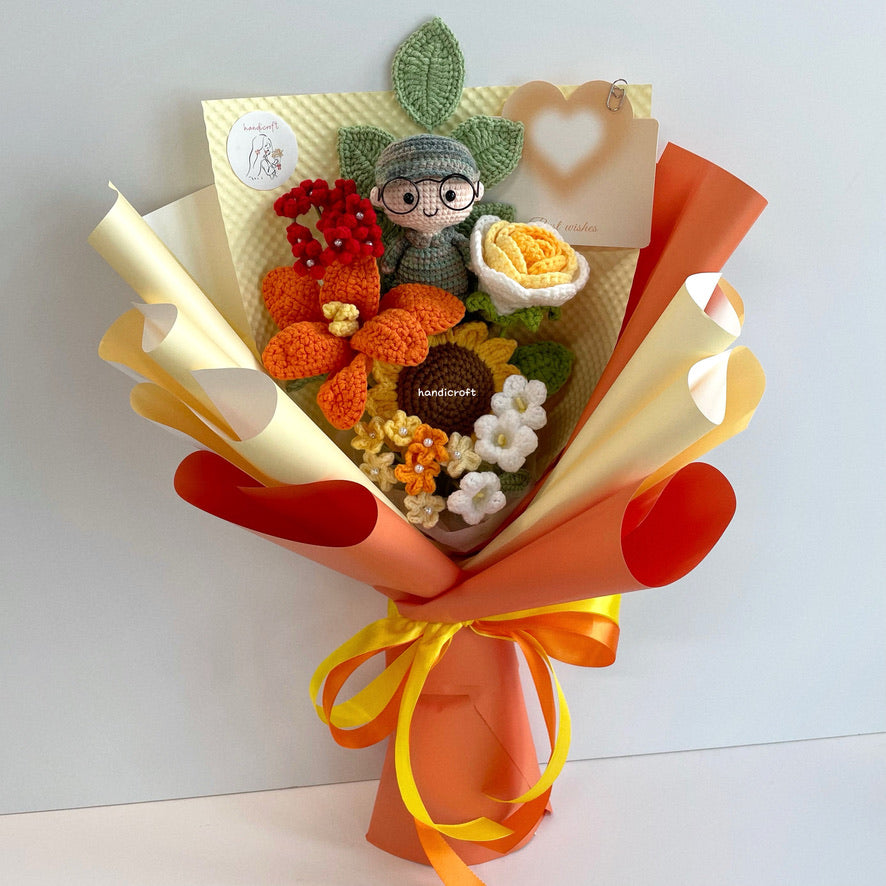 handicroft handmade crochet army soldier series flower bouquet POP blooming in duty yellow orange red