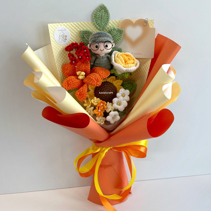 handicroft handmade crochet army soldier series flower bouquet POP blooming in duty yellow orange red