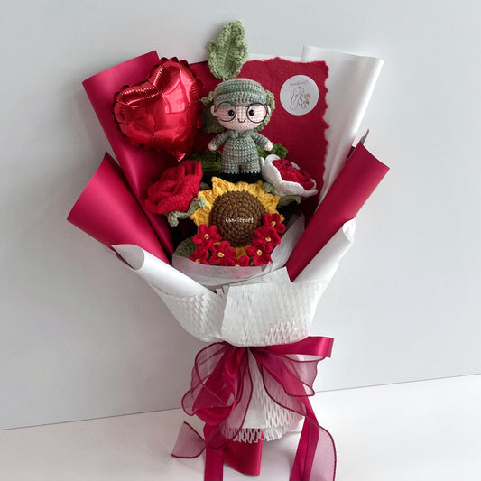 handicroft handmade crochet army soldier series flower bouquet POP honour in bloom SG edition red & white