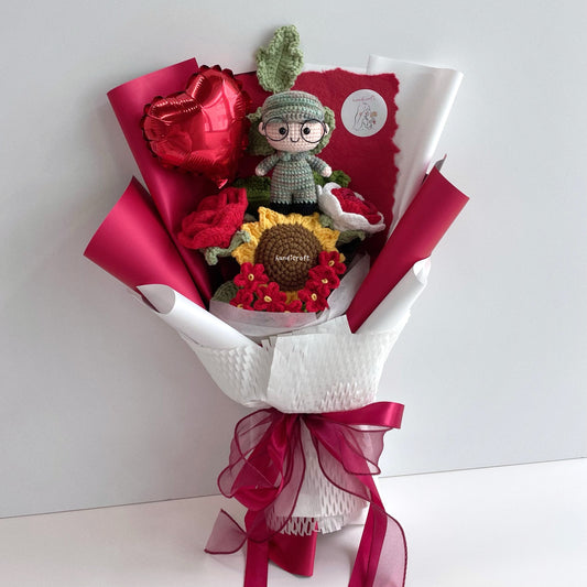 handicroft handmade crochet army soldier series flower bouquet POP honour in bloom SG edition red & white