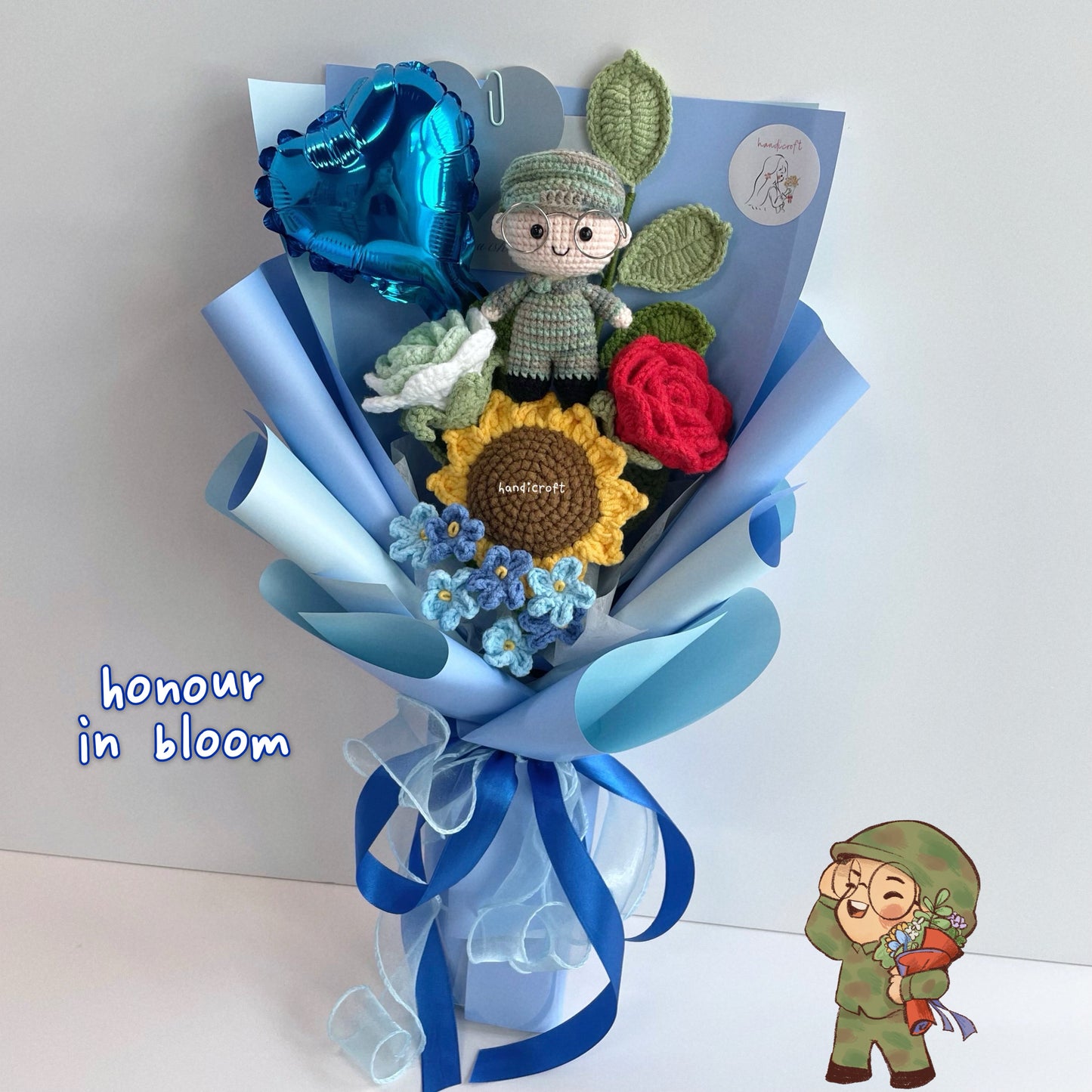 handicroft handmade crochet army soldier series flower bouquet POP honour in bloom blue