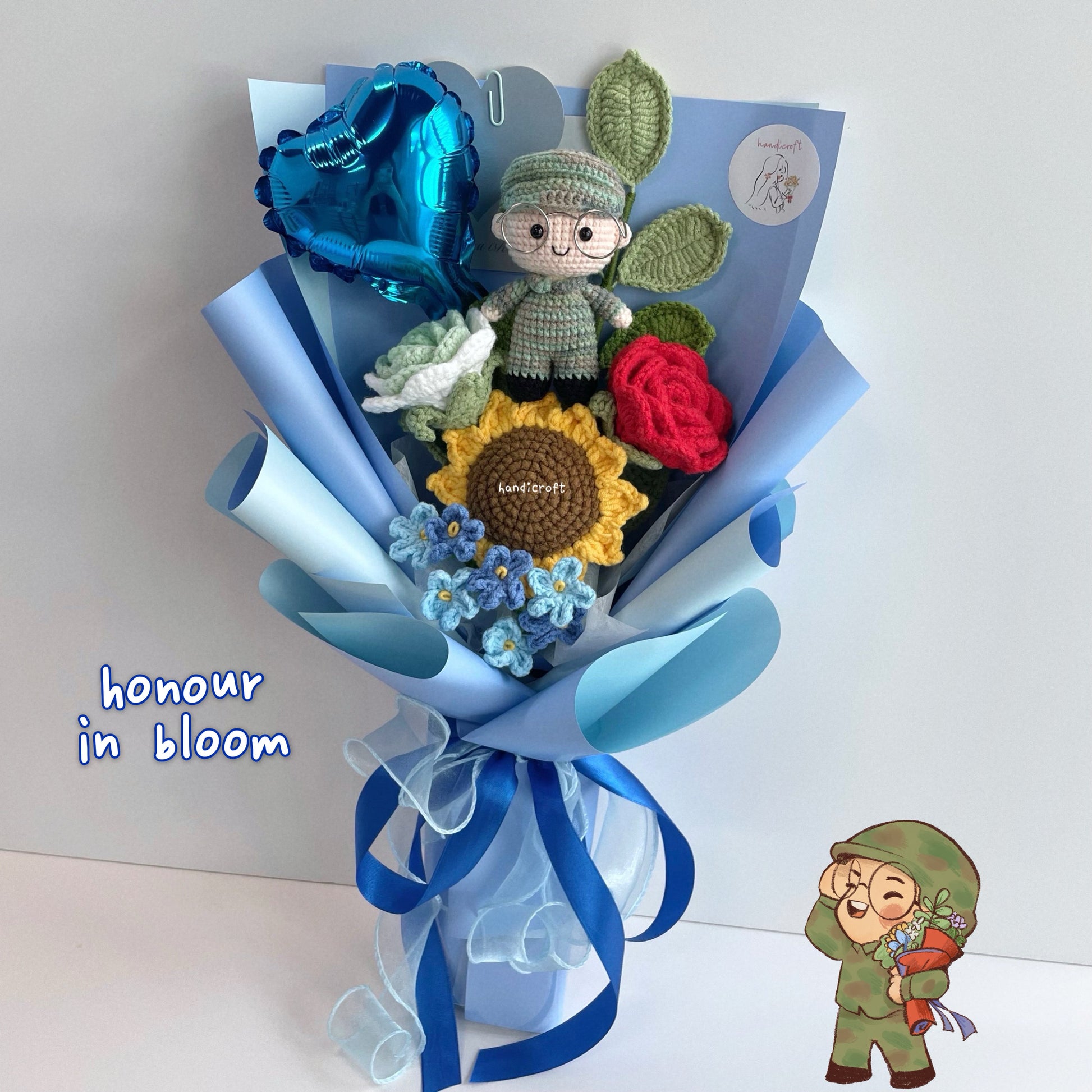 handicroft handmade crochet army soldier series flower bouquet POP honour in bloom blue