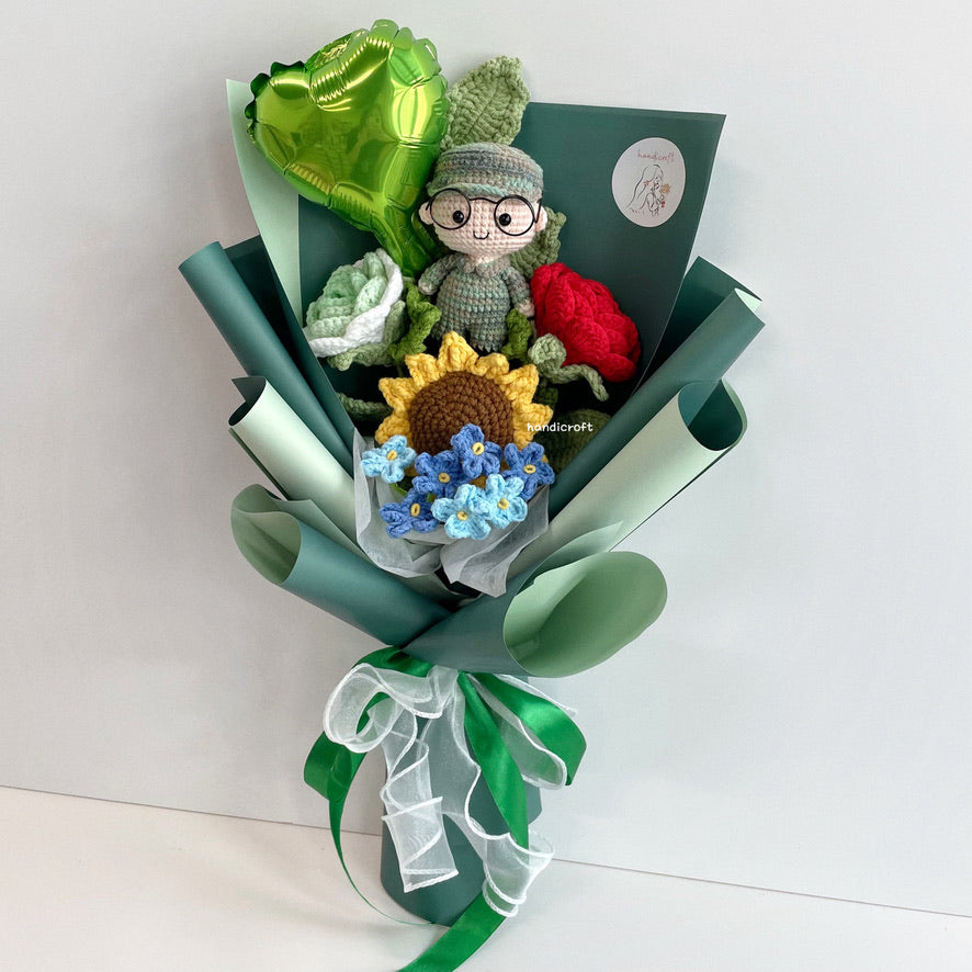 handicroft handmade crochet army soldier series flower bouquet POP honour in bloom green