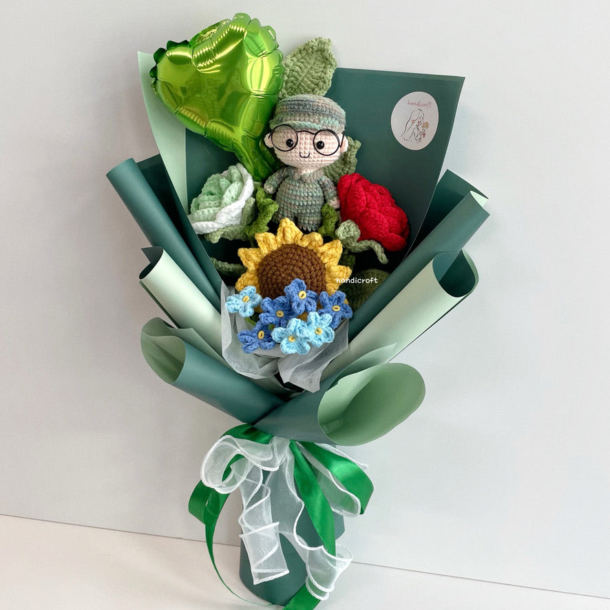 handicroft handmade crochet army soldier series flower bouquet POP honour in bloom green