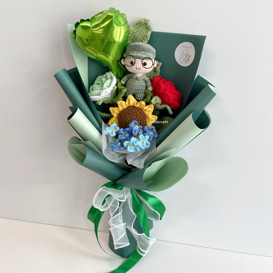 handicroft handmade crochet army soldier series flower bouquet POP honour in bloom green