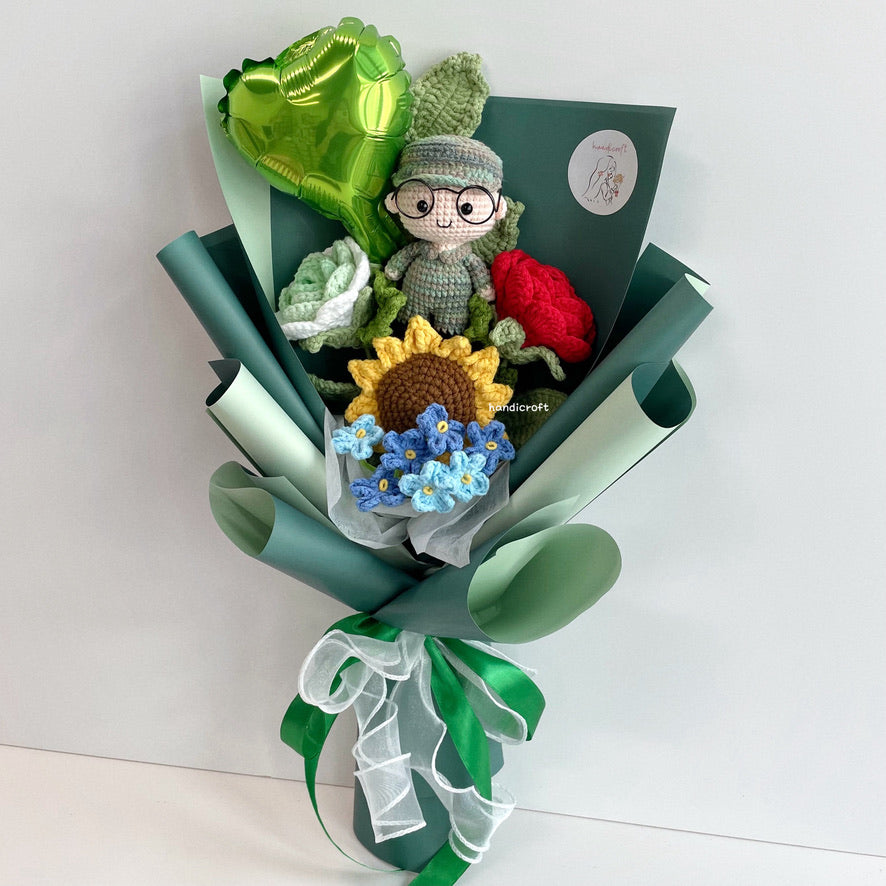 handicroft handmade crochet army soldier series flower bouquet POP honour in bloom green