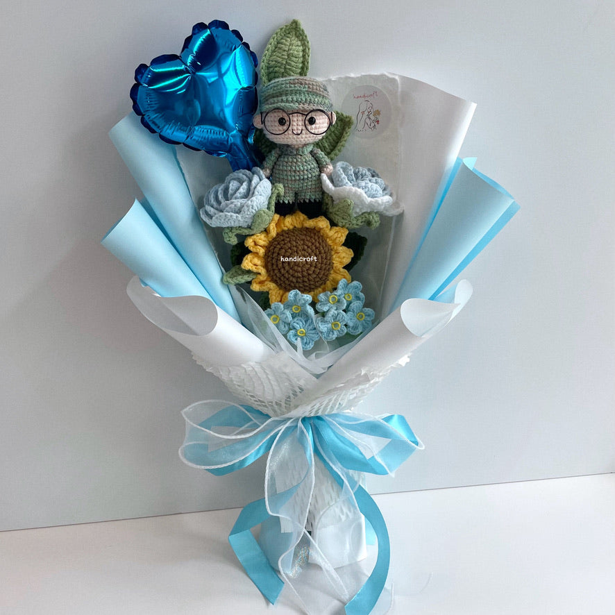 handicroft handmade crochet army soldier series flower bouquet POP honour in bloom pastel edition blue & white