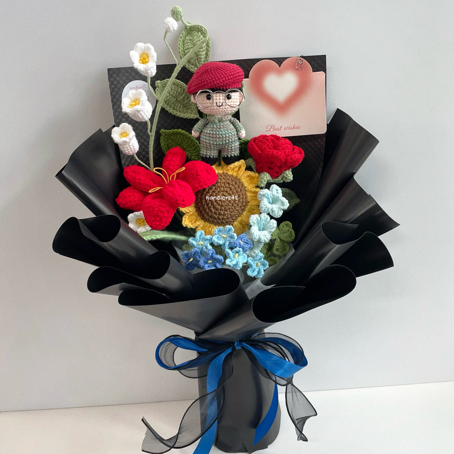 handicroft handmade crochet army soldier series flower bouquet POP minecraft-inspired pixel soldier skin shade #1 red beret