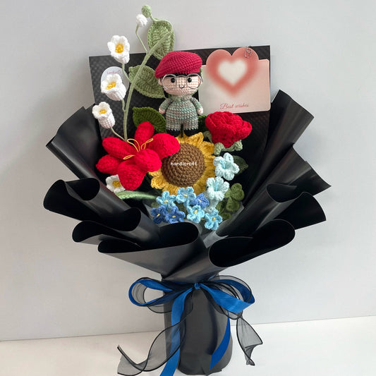 handicroft handmade crochet army soldier series flower bouquet POP minecraft-inspired pixel soldier skin shade #1 red beret