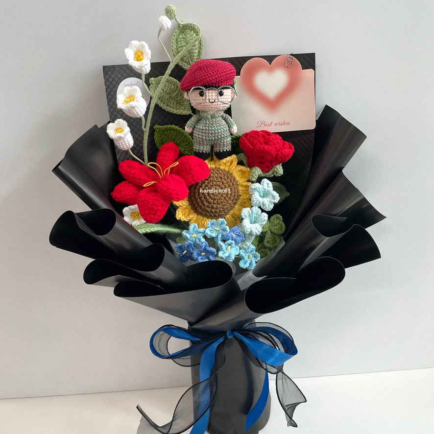 handicroft handmade crochet army soldier series flower bouquet POP minecraft-inspired pixel soldier skin shade #1 red beret