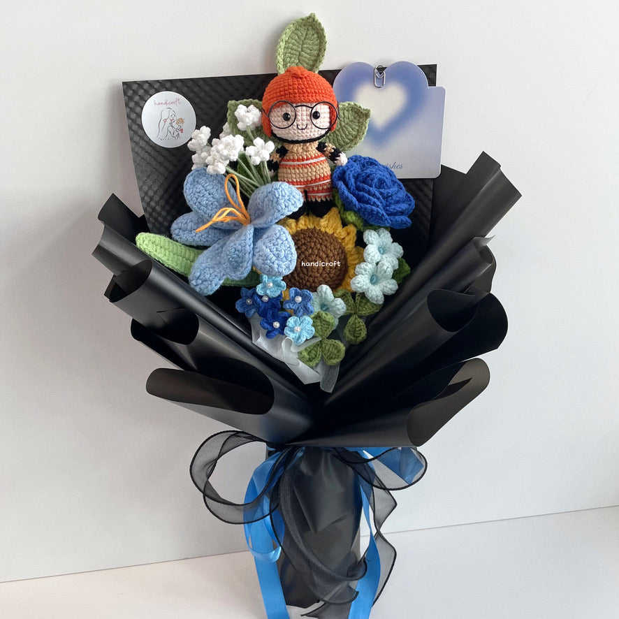 handicroft handmade crochet army soldier series flower bouquet SCDF firefighter suit blooming in fire black edition blue