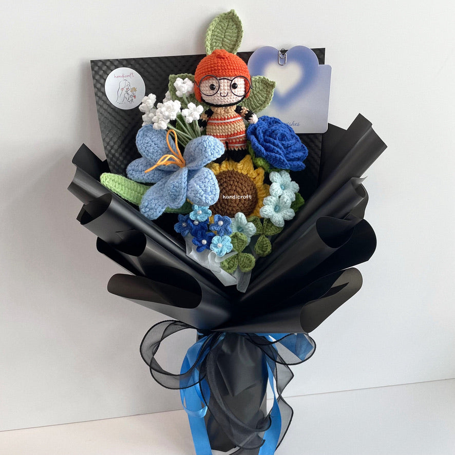 handicroft handmade crochet army soldier series flower bouquet SCDF firefighter suit blooming in fire black edition blue