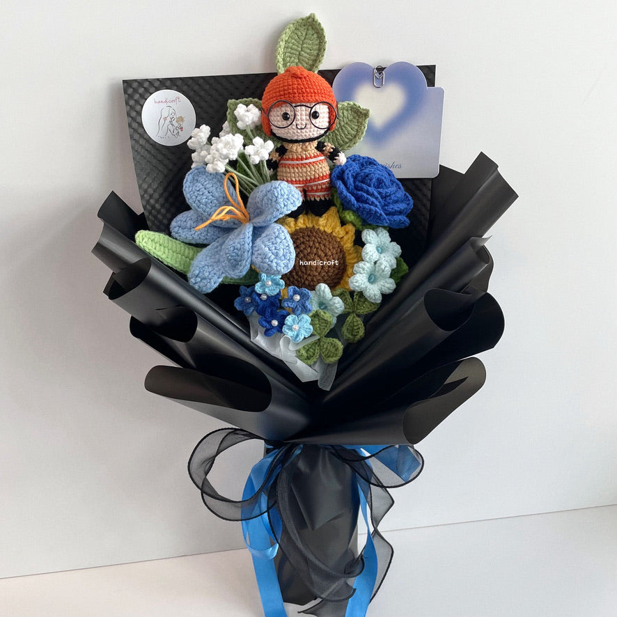 handicroft handmade crochet army soldier series flower bouquet SCDF firefighter suit blooming in fire black edition blue