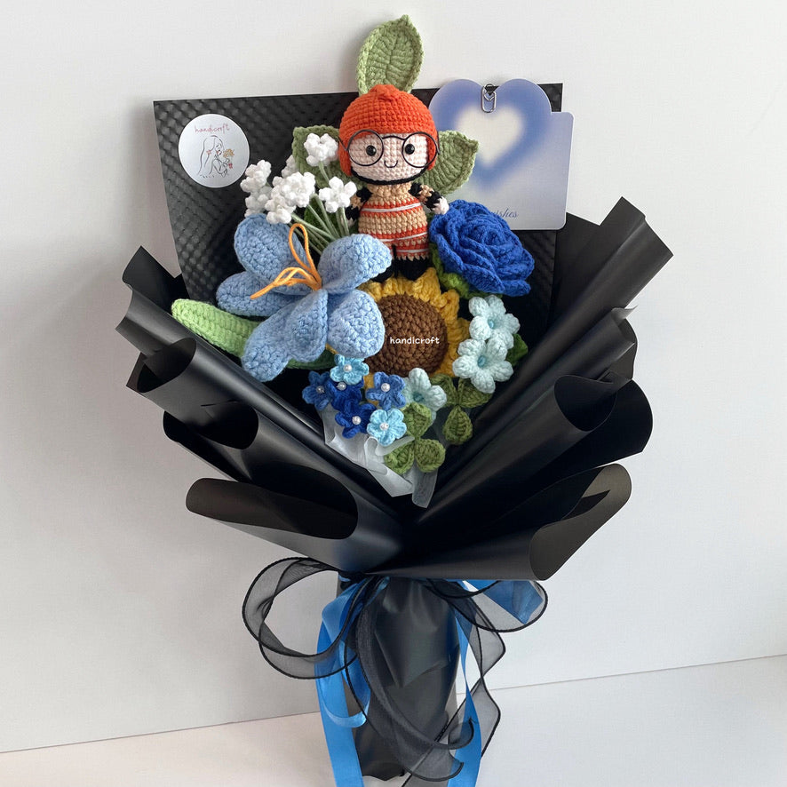 handicroft handmade crochet army soldier series flower bouquet SCDF firefighter suit blooming in fire black edition blue