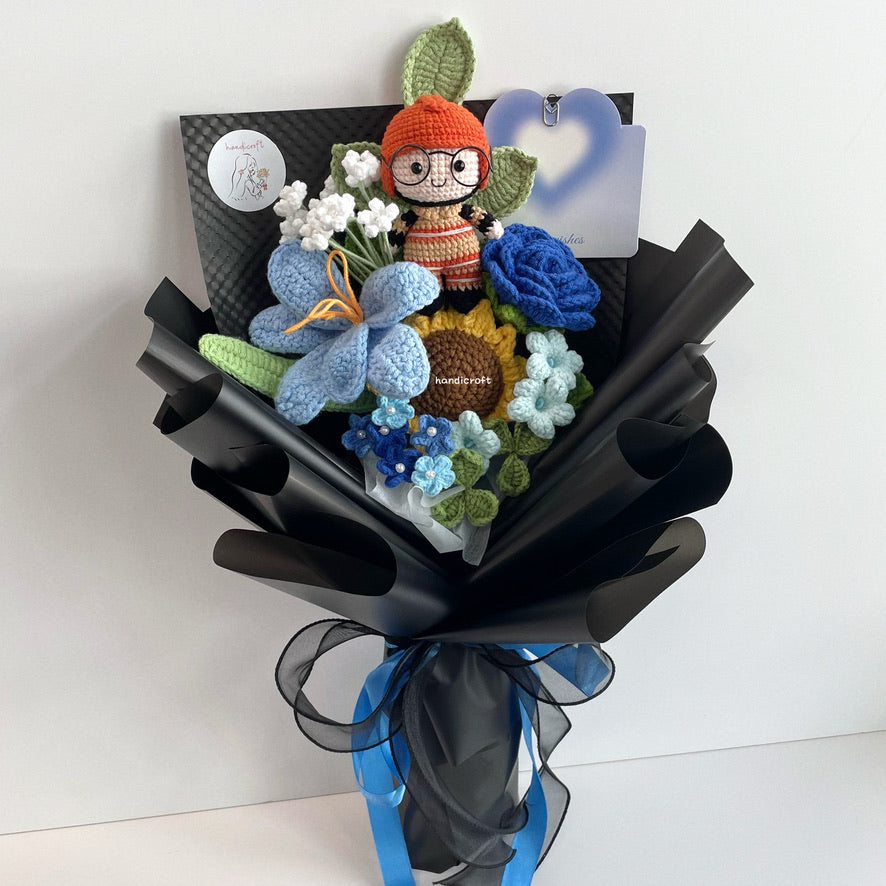 handicroft handmade crochet army soldier series flower bouquet SCDF firefighter suit blooming in fire black edition blue