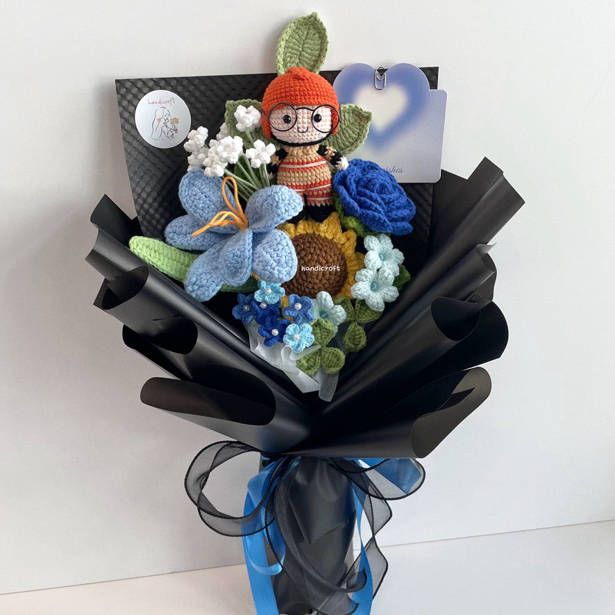 handicroft handmade crochet army soldier series flower bouquet SCDF firefighter suit blooming in fire black edition blue