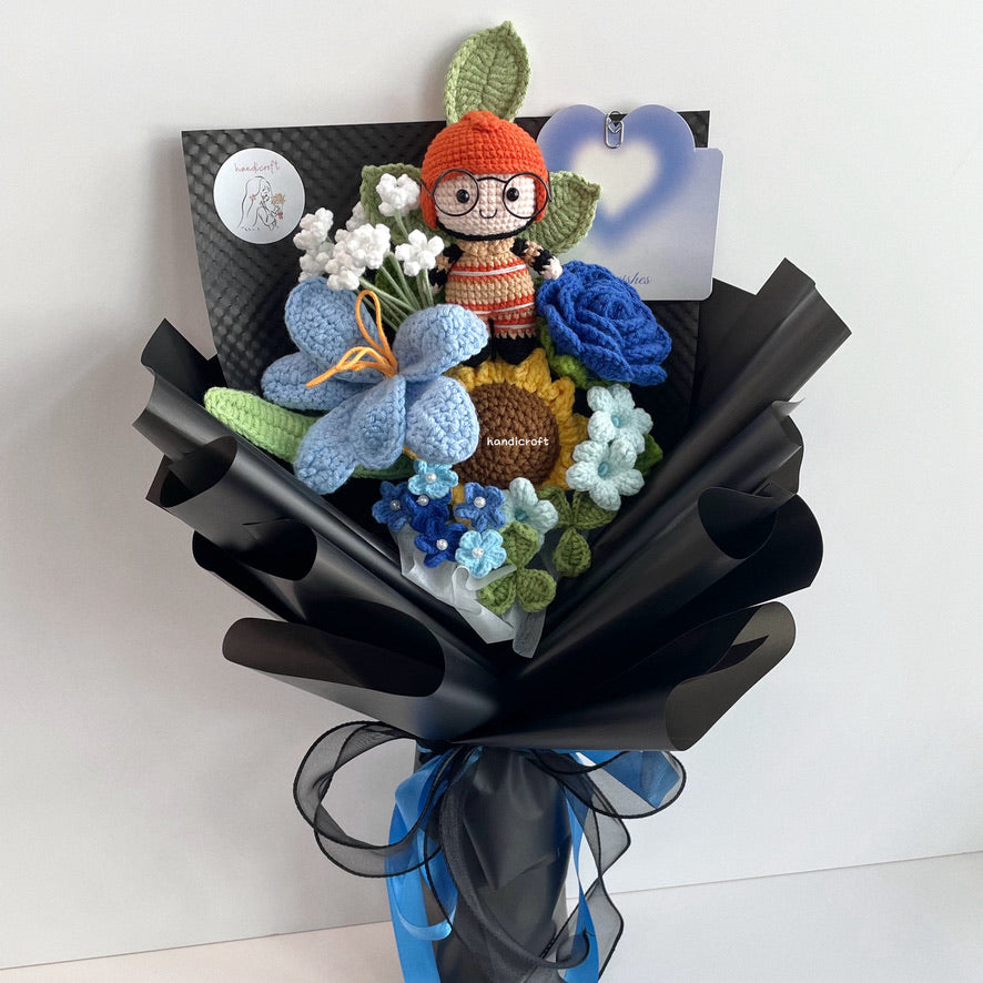 handicroft handmade crochet army soldier series flower bouquet SCDF firefighter suit blooming in fire black edition blue