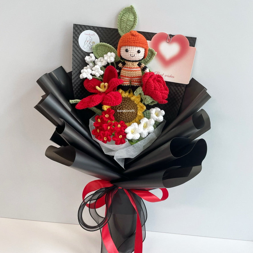 handicroft handmade crochet army soldier series flower bouquet SCDF firefighter suit blooming in fire black edition red